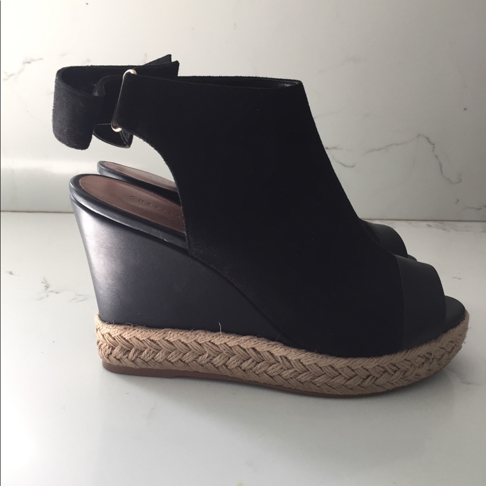 Black faux suede & leather open toe platform wedge